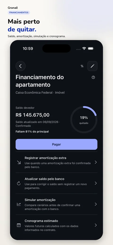 Tela de financiamento de um apartamento no Granaê, com saldo devedor, percentual quitado e opções de registro e simulação de amortização.