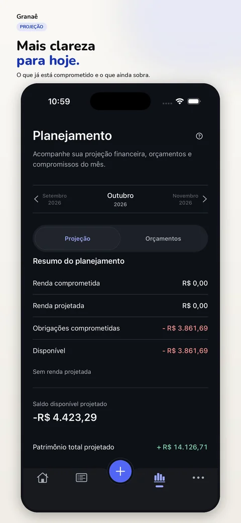 Tela de planejamento do Granaê, com renda e obrigações comprometidas, valor disponível e patrimônio projetado.
