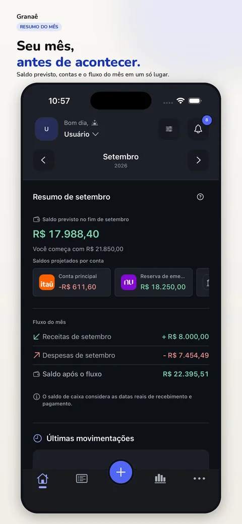 Tela inicial do Granaê no iPhone, com saldo previsto, contas e fluxo de receitas e despesas do mês.