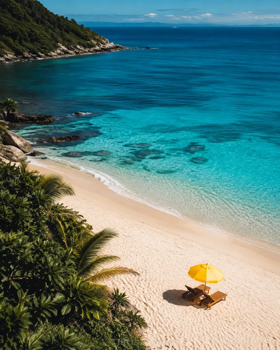 Praia de águas azuis com um guarda-sol amarelo.